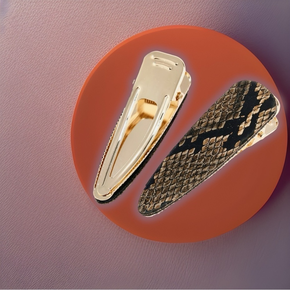NEW Set of 2 Light Brown Snakeskin Faux Leather Golden Hair Clip Barrettes
